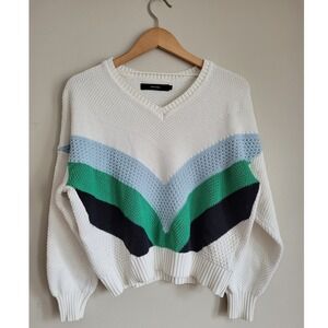 Vero Moda Womens Large Cream Chevron Stripe V-Neck Chunky Knit Cotton Sweater